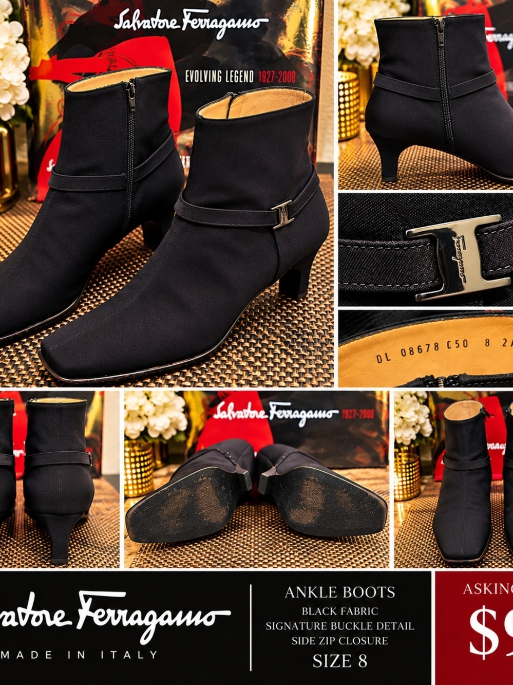Salvatore Ferragamo Black Fabric Ankle Boots with Signature Buckle